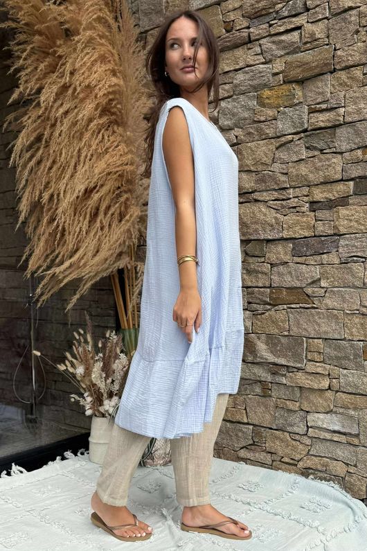 Made in Italy Pia Pillow Cotton Patch Pocket Peplum Dress Sky /26